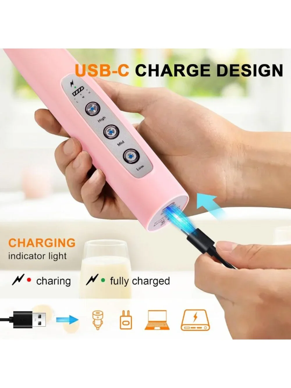 Rechargeable Handheld Milk Frother Wand - Electric Whisk for Latte, Cappuccino